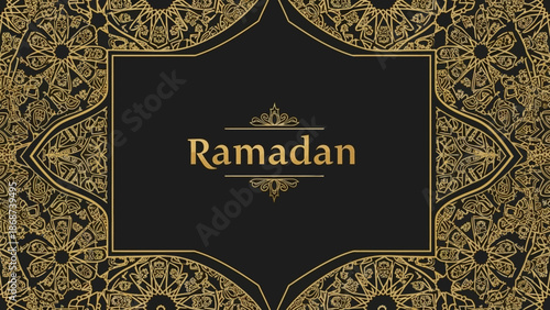 Ramadan greeting card with intricate gold patterns on a black background.