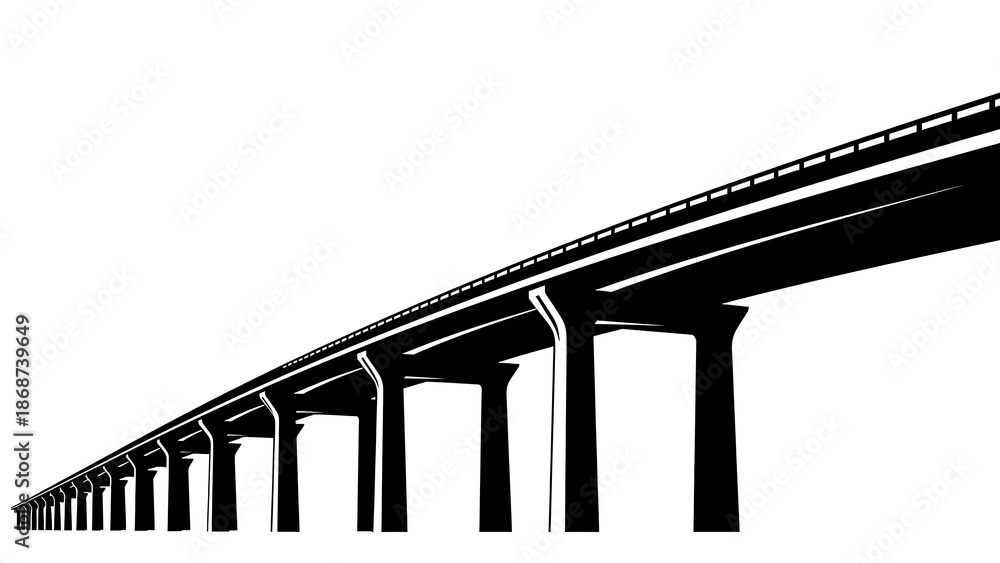 Naklejka premium Long elevated highway bridge structure with multiple supports and lanes on white background for urban infrastructure and transportation concepts