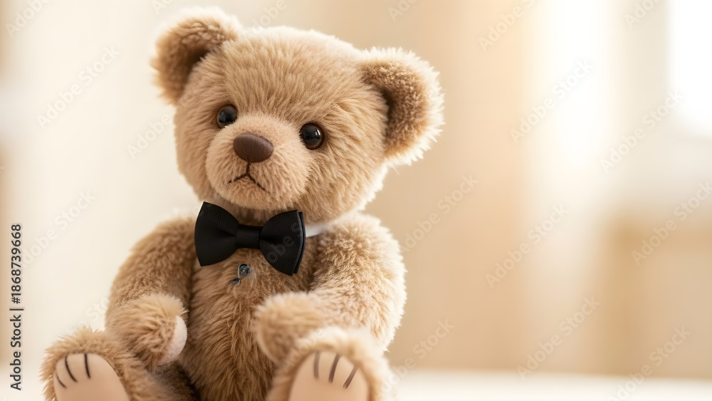 Fototapeta premium Adorable fluffy light brown teddy bear wearing a small black bow tie sitting patiently in a softly lit indoor setting looking forward