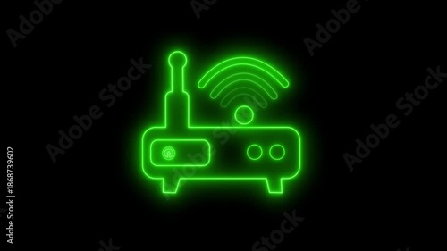 Neon glowing icon of a wireless router animation on a black background
