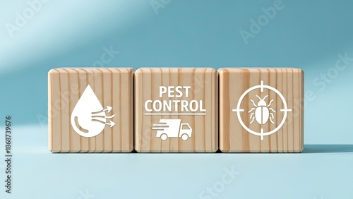 Pest control services concept with wooden blocks and icons