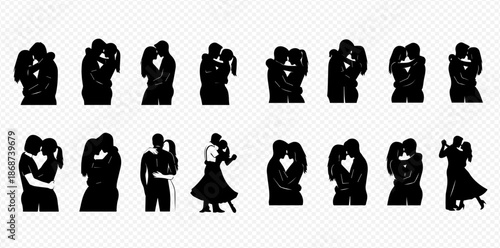 Collection of romantic couple silhouettes showing affection, kissing, and embracing in various poses.