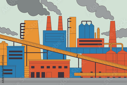 An industrial factory complex with smokestacks and conveyor belts in a vibrant color scheme
