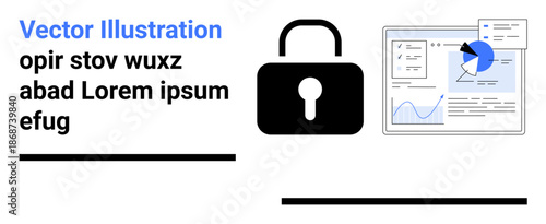 Cybersecurity, data privacy, secure access, computer safety, online security, business analysis. Lock icon and analytics dashboard. Cybersecurity and data privacy concept