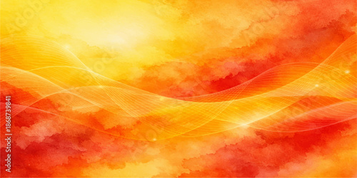 An abstract watercolor autumn background features a vintage grunge texture of red and orange flames mixed with yellow sun light and blue smoke patterns on an artistic paper wallpaper design
