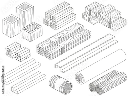 A collection of various wooden and metal building materials and tools