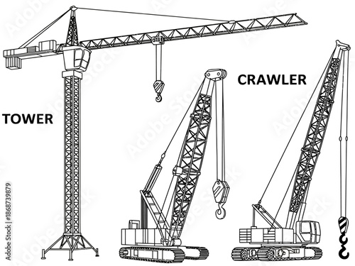 An illustration of three types of cranes, including a tower crane, crawler crane, and mobile crane, used for heavy lifting and construction.