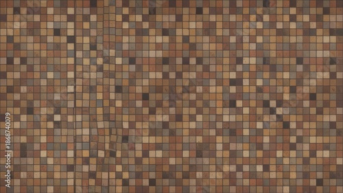 A mosaic tile wall with a mix of brown and tan colors