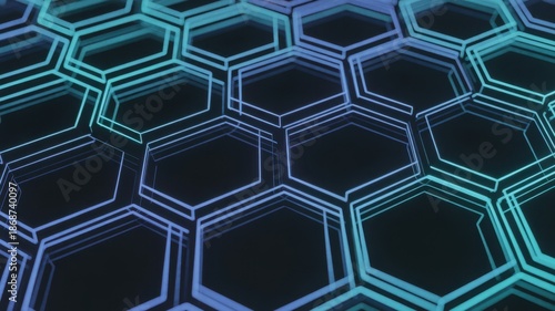 A futuristic digital illustration of a blue and black honeycomb pattern