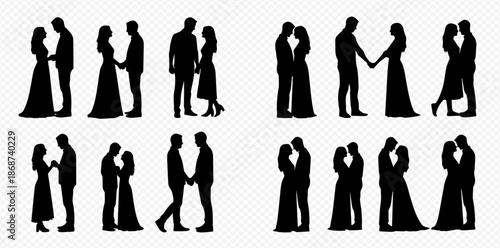 Set of diverse couple silhouettes showing love, affection, and togetherness in various romantic poses.