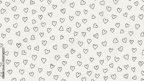 Seamless Pattern of Minimalist Outline Hearts on Light Beige Background, Subtle Romantic Doodles with Simple Heart Shapes