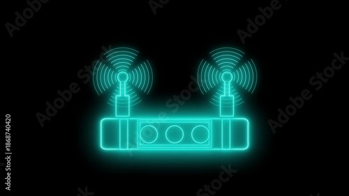 Neon outline of a wireless router with antennas animation on a black background