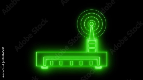 Glowing neon outline of a wireless router with antenna animation on black background