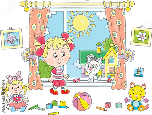 Funny little girl with her small kitten sitting on a windowsill by a window in a nursery room with scattered toys and talking friendly on a sunny summer day, black and white vector cartoon illustratio