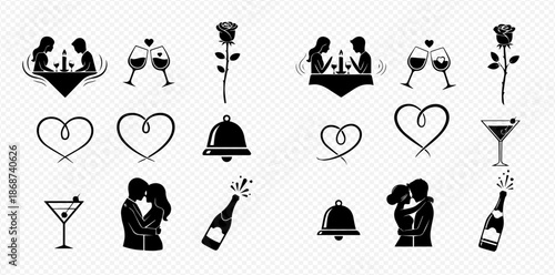 Collection of romantic love icons including couples, hearts, roses, and celebration elements.