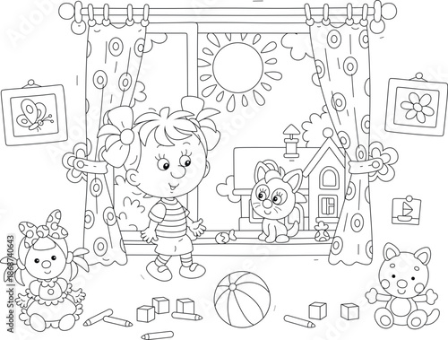 Funny little girl with her small kitten sitting on a windowsill by a window in a nursery room with scattered toys and talking friendly on a sunny summer day, black and white vector cartoon