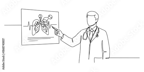 Continuous one line of a doctor pointing to a medical diagram, symbolizing explanation of treatment, drawn vector illustration.