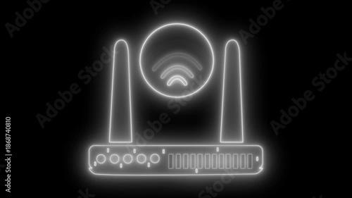 Neon-style animation of a wireless router with signal icon