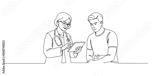 Continuous one line of a doctor showing digital medical records to a patient, representing a modern consultation, drawn vector illustration.