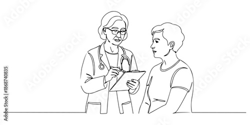 Continuous one line of a doctor explaining the use of medication to a patient, representing clarity in treatment, drawn vector illustration.