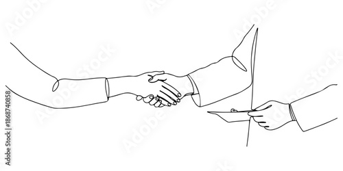 Continuous one line of a patient extending his hand to shake hands with a doctor, symbolizing gratitude in healthcare, drawn vector illustration.