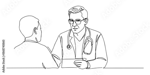 Continuous one line of a doctor listening attentively to a patient's story, symbolizing attentive care, drawn vector illustration.