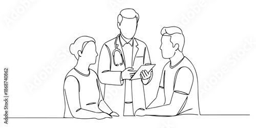 Continuous one line of a doctor explaining the use of medication to a patient, representing clarity in treatment, drawn vector illustration.