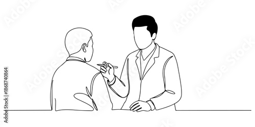 Continuous one line of a doctor listening attentively to a patient's story, symbolizing attentive care, drawn vector illustration.