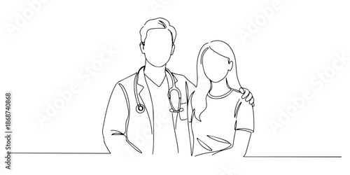 Continuous one line of a patient and doctor smiling together, representing a positive healthcare relationship, drawn vector illustration.