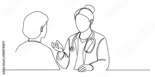 Continuous one line of a doctor listening attentively to a patient's story, symbolizing attentive care, drawn vector illustration.