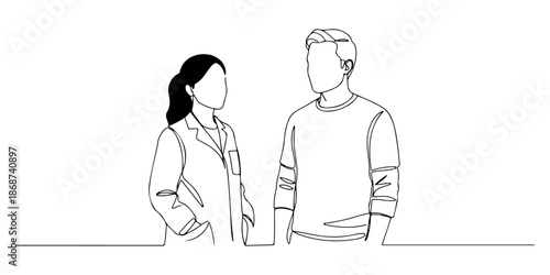 Continuous one line of a patient and doctor smiling together, representing a positive healthcare relationship, drawn vector illustration.