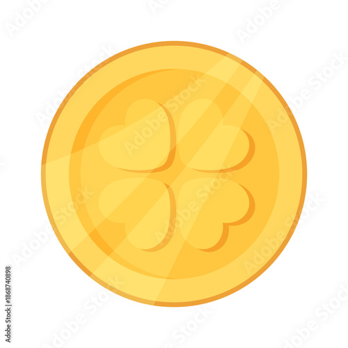 Gold coin with four leaf clover. Hand drawn vector illustration. Object on white background. Design element for Saint Patricks Day.