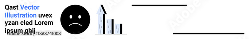 Economic downturn, challenges in business, negative trends, character feelings, growth obstacles, finance analysis. A sad face next to a declining bar chart and an upward arrow. Economic downturn