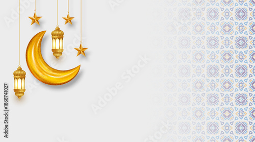 Ramadan Kareem 3d luxury golden crescent moon lantern. Eid Mubarak Islamic background banner with pattern. 
