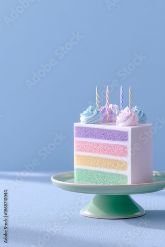 an open multi layer birthday cake with rainbow colored layers and candles on top, sitting alone on a small green pedestal against a blue background