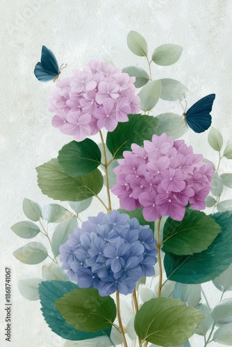 watercolor pastel blue, pink, and green hydrangea flowers pattern with butterflies, on a vintage paper background.