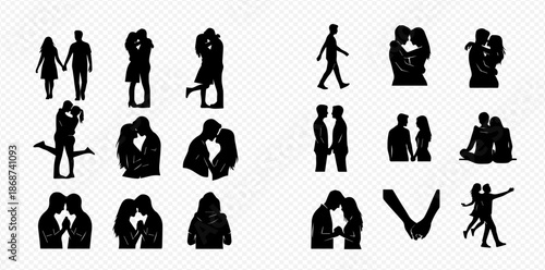 Collection of romantic couple silhouettes showing affection, love, and intimacy in various poses.