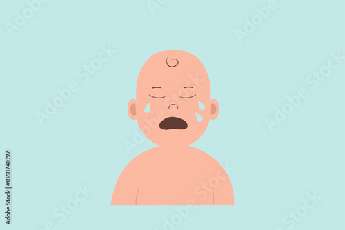 Crying baby face, simple vector illustration, blue background, tears