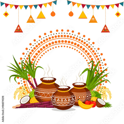 Pongal festival illustration with traditional clay pots and decorations