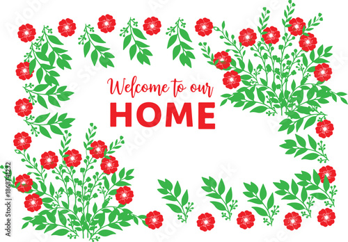 Housewarming Greeting Card Design with Red Flowers and Leaves
