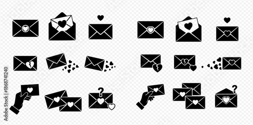 Set of black and white icons depicting various love letter and email concepts.