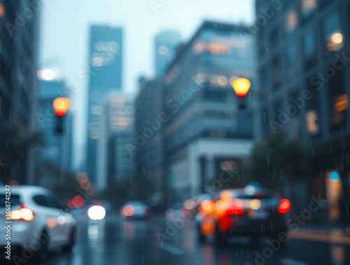 Blurred city street on a rainy day with cars and glowing traffic lights. Urban landscape with bokeh effect, wet roads, and abstract buildings in the background.