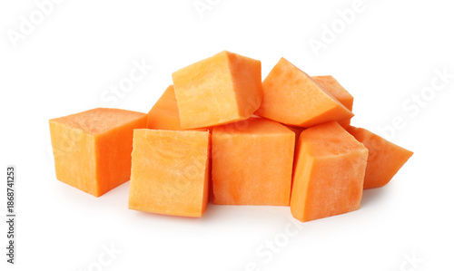 Pieces of raw sweet potato isolated on white