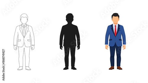 Collection of three distinct male business figure representations including a full color icon a stark black silhouette and a simple outline drawing perfect for design mockups