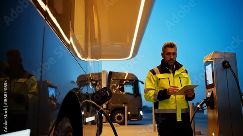 Worker charges electric truck at charging station with tablet device. Man operates charging station for truck fleet. Worker uses tablet at electric truck station. Evening charging of commercial truck.
