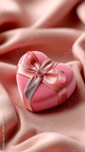 Pink heart-shaped gift box with a ribbon is on a pink cloth