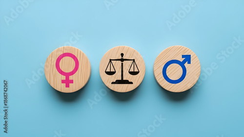 Gender equality concept with scales of justice between male and female symbols on blue background. Equal rights, workplace fairness, balance, illustration.