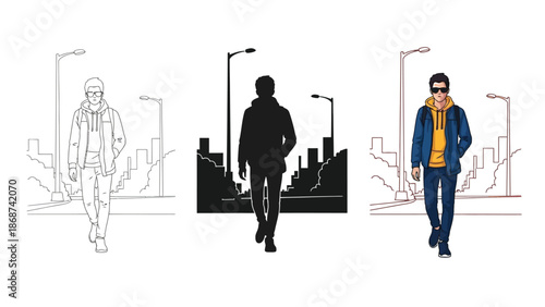 Collection of vector art demonstrating a young man walking toward the viewer in different artistic styles including line art silhouette and full color illustration set against a simple urban backdrop