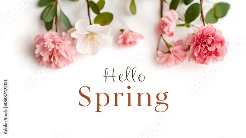 Delicate pink and white flowers blooming at the top, a clean white background with hello spring text