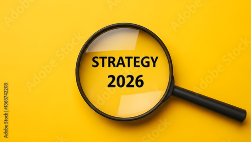 magnifying glass concept, focusing on the term strategy 2026 for business and future planning Strategy 2026 writing concept in magnifying glass isolated on yellow background.